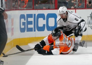 of the Philadelphia Flyers of the Los Angeles Kings on November 17, 2015 at the Wells Fargo Center in Philadelphia, Pennsylvania.