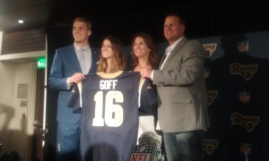 Jared Goff with his family during his first interview as a member of the Los Angeles Rams. 